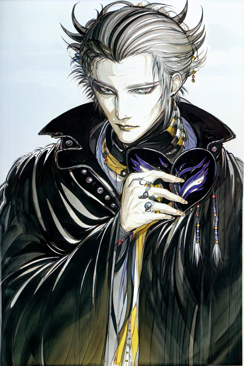 1boy, amano yoshitaka, bad_link, beads, black_cloak, book_of_the_new_sun, cloak, cover, cover_page, covered_mouth, flower, grey_eyes, hair_slicked_back, highres, jewelry, male_focus, mask, mask_removed, mouth_mask, novel_cover, official_art, pale_skin, photoshop_\(medium\), popped_collar, ring, scarf, severian, silver_hair, solo, traditional_media, yellow_background
