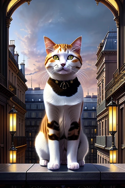 (Humanoid (Cat)) High resolution portrait, Stunningly beautiful, slate viridian fire blood cream aubergine tan (photorealistic eyes) by Anna Dittmann, Josephine Wall, sitting on a roof, background theme Paris, twilight, streetlights, by Donato Giancola and Anna Liwanag, ornate, hyper realistic, cinematic, concept art, smooth, sharp focus, Unreal Engine 5, 128K UHD, fractal, fBm, pi