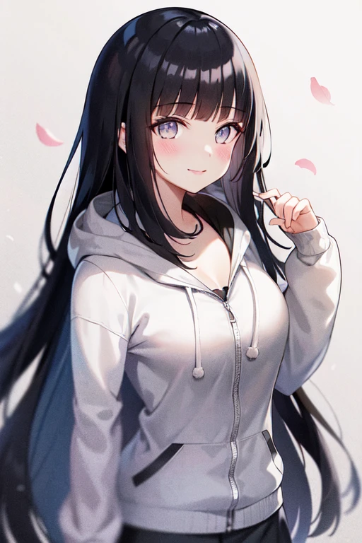 hinata, 1girl, bangs, black_hair, blunt_bangs, grey_eyes, grey_sleeves, headband_around_neck, highres, hime_cut, hooded_cardigan, hyuuga hinata, long_hair, long_sleeves, looking_at_viewer, petals, smile, solo, straight_hair, upper_body
