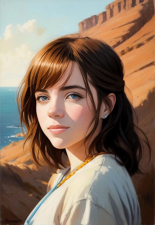 High resolution, brunette girl, 8 years old, .beautiful picture in the gallery , portrait, sea in the background, realism, fantasy