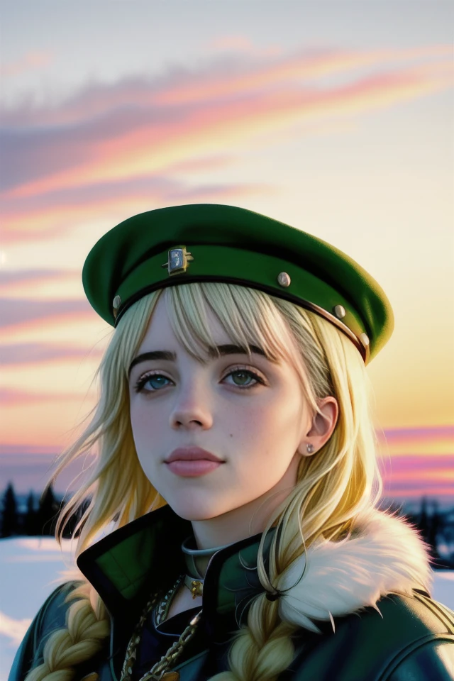 portrait photo of BiL13L1SH as a viking soldier, by Ed Blinkey, Atey Ghailan, Studio Ghibli, by Jeremy Mann, Greg Manchess, Antonio Moro, trending on ArtStation, trending on CGSociety, Intricate, High Detail, Sharp focus, dramatic, photorealistic painting art by midjourney and greg rutkowski,((viking soldier)),(dusk,colorfull sky),(portrait:1.4),(BiL13L1SH face),(blond hair:1.2),(happy,smilling),(winter,snowing,outside),(fur clothing:1.3),(medieval)
