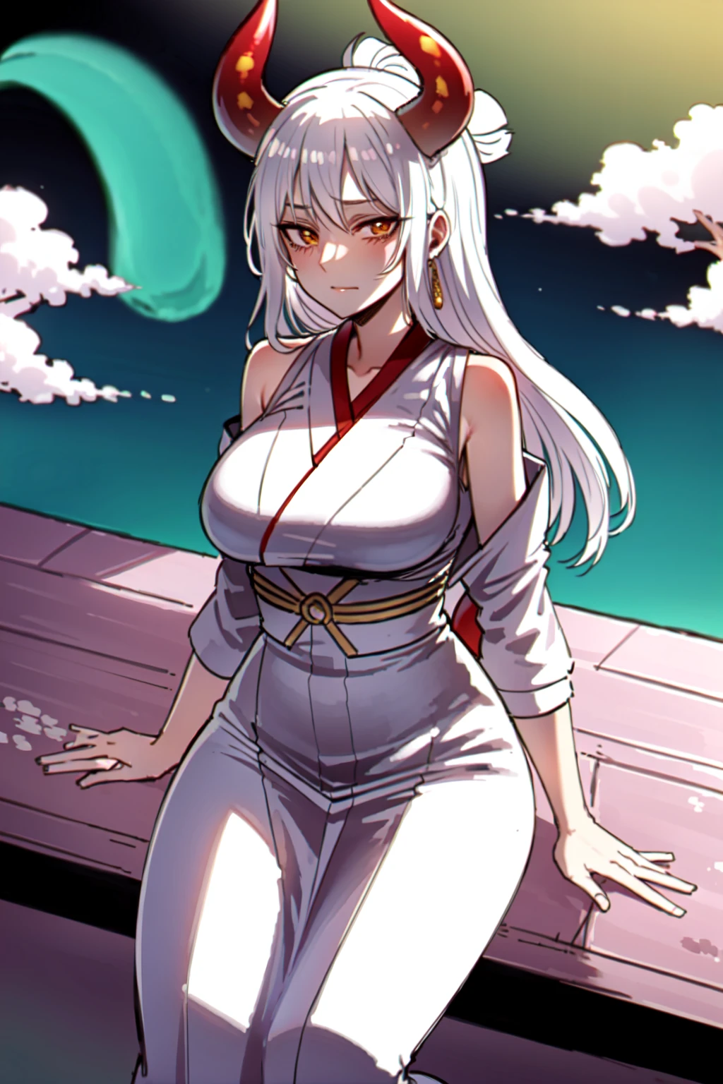ratatatat74, 1girl, yamato_5000, white_hair, green_hair, gradient_hair, horns, absurdres, ((masterpiece)), ((best quality)), extremely detailed, bloom, illustration, kimono, traditional_clothing, (perfect hands), depth of field, sketch, dark intense shadows, sharp focus, soft lighting, hdr, colorful, good composition, solo, highres, dojo background, japanese background, sakura blossoms