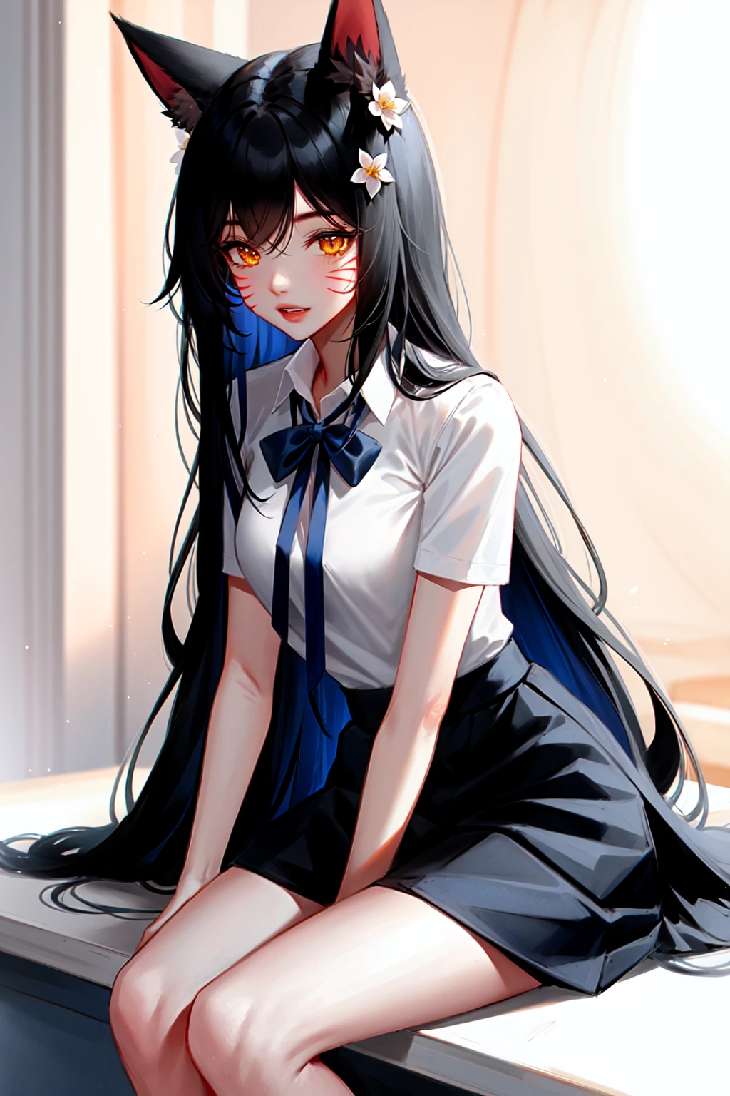 nixeu, ahri, ahri_\(league_of_legends\), 1girl, animal_ears, artist_name, bangs, black_hair, black_skirt, blue_ribbon, blurry, blurry_background, collared_shirt, facial_mark, flower, fox_ears, grey_flower, hair_flower, hair_ornament, highres, league_of_legends, long_hair, looking_at_viewer, neck_ribbon, orange_eyes, parted_lips, pleated_skirt, ribbon, shirt, sitting, skirt, solo, teeth, whisker_markings, white_shirt