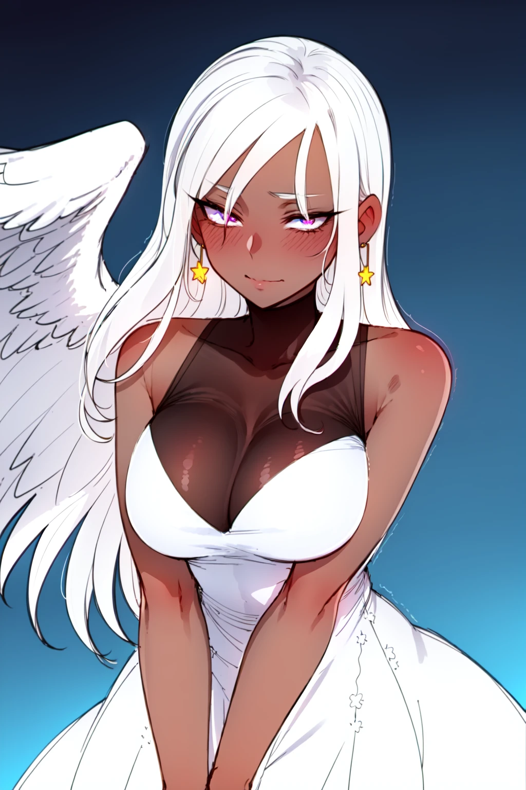 ratatatat74, 1girl, ((anime screencap)), white_hair, fire, a girl with white hair and blue eyes wearing a white dress and black wings in front of a dark background with fire behind her, bare_shoulders, closed_mouth, dark-skinned_female, ((dark_skin)), hoop_earrings, long_hair, looking_at_viewer, purple_eyes, star_eyes, solo, upper_body, white_hair, (((masterpiece))), ((best quality)), (extremely detailed), watercolor, illustration, depth of field, sketch, dark intense shadows, sharp focus, soft lighting, hdr, colorful, good composition