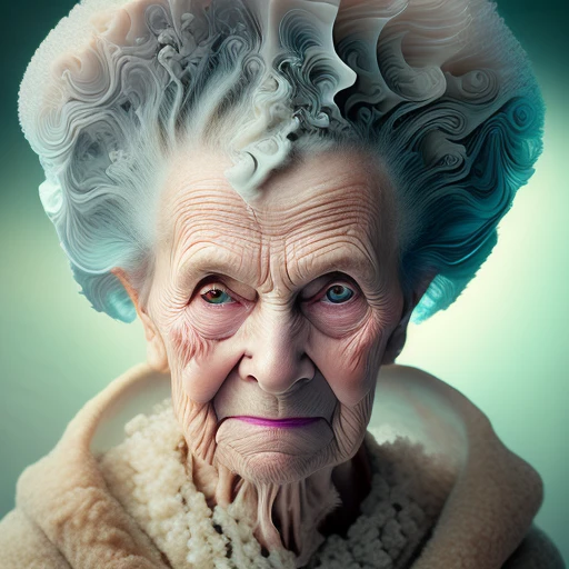 photo of a elderly woman, full body, wearing Frock, pastel, cloudport, by atist
