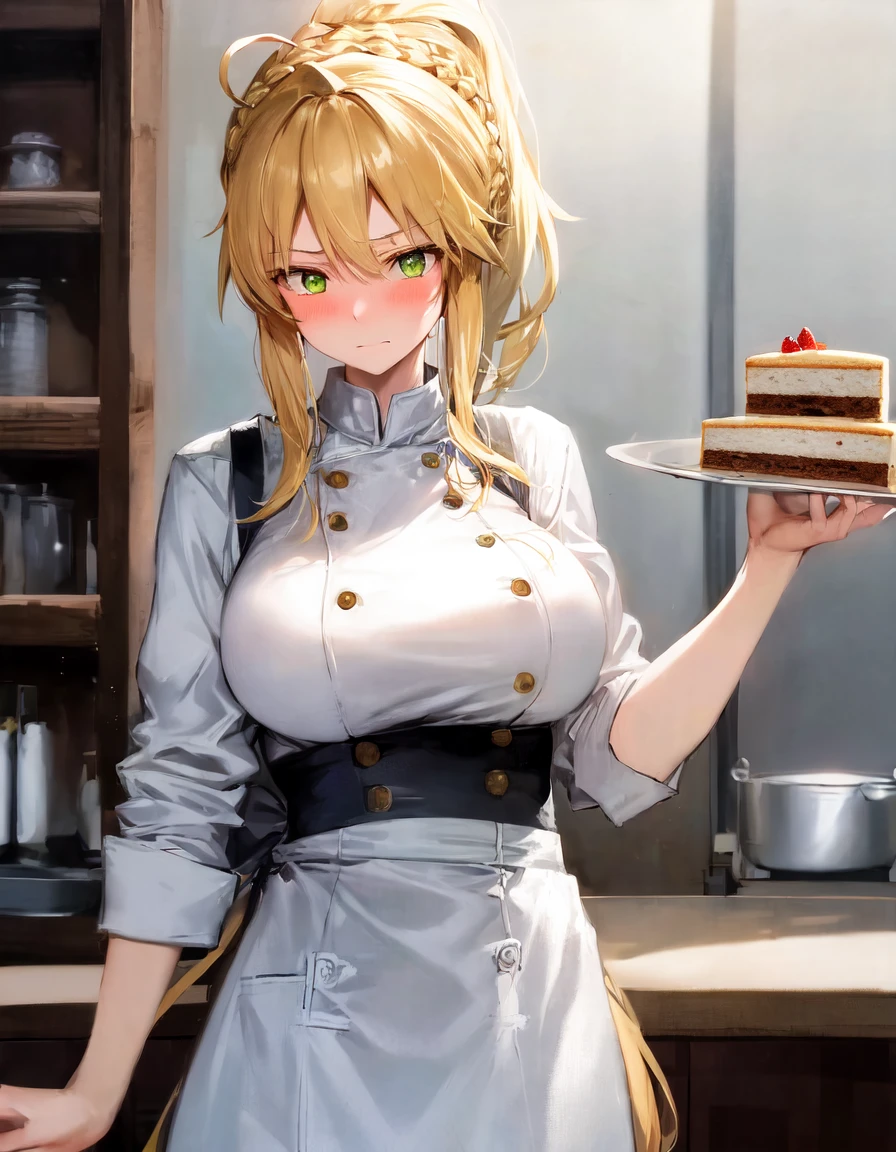 masterpiece, best quality, absurdres, soft lighting, embarrassed, looking away,
1girl, ahoge, artoria pendragon \(swimsuit ruler\) \(fate\), large breasts, blonde hair, green eyes, french braid, ponytail,
chef uniform, apron, baking cake,
standing