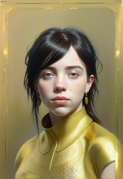 8k portrait of BiL13L1SH with brown hair, intricate, elegant, highly detailed, majestic, digital photography, art by artgerm ruan jia and greg rutkowski surreal wet paint gold butterfly filigree, broken glass