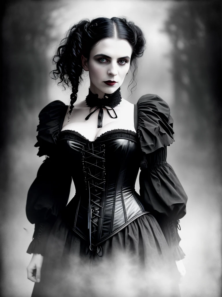 award winning RAW color photo of victorian era vampire woman+ wearing black dress leather corset, dark foggy village, night ominous dark foreboding, mist, moonrays, vivid alluring eyes, pale skin, (black hair)+, shallow depth of field, high contrast, backlighting, bloom, chromatic aberration, smooth, sharp focus, taken on a mirrorless camera
