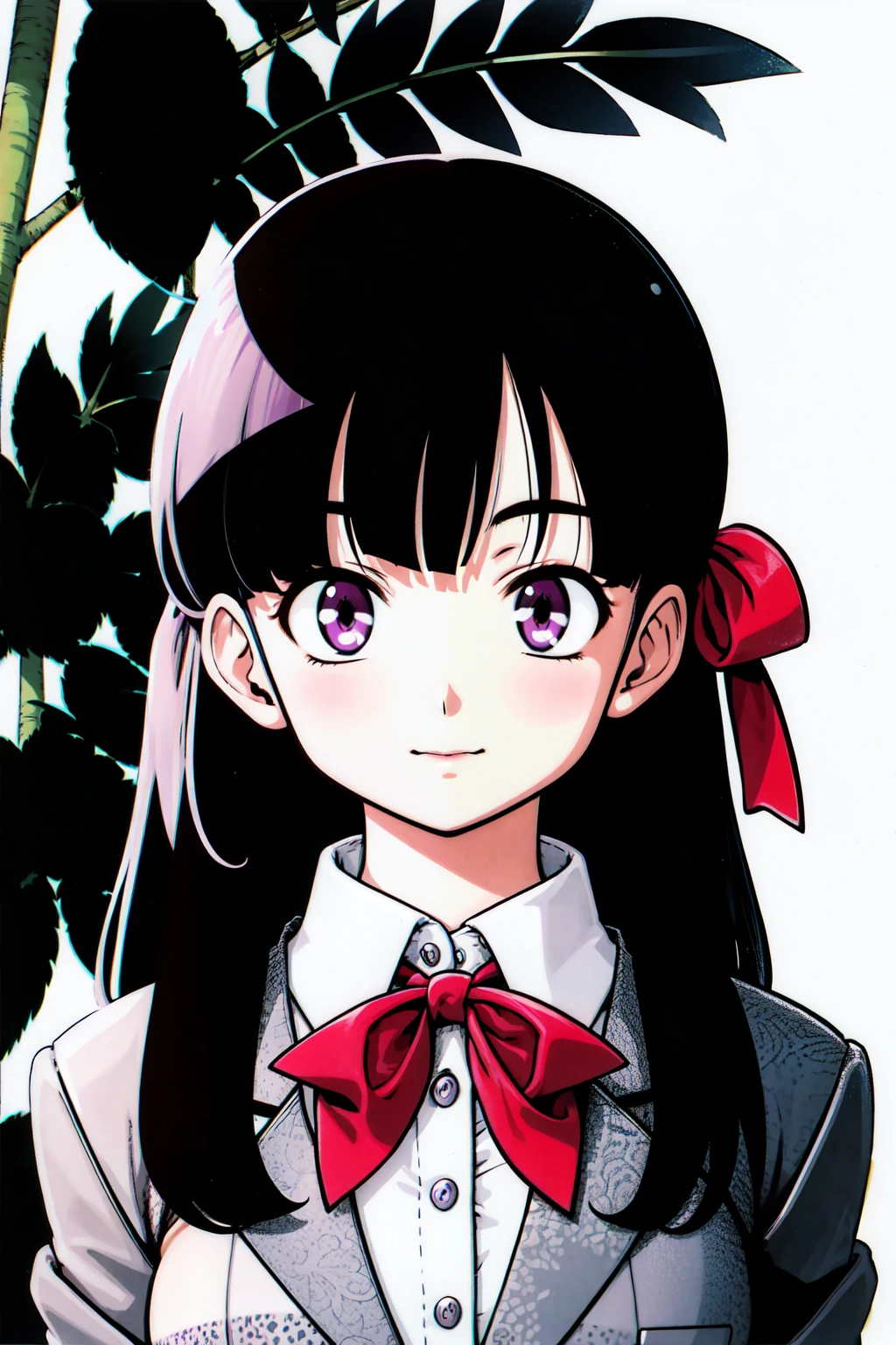 toriyama_akira, 1girl, adult, 20 year old, bangs, depth_of_field, embedded, hair_ribbon, long_hair, looking_at_viewer, neck_ribbon, non-web_source, palm_leaf, palm_tree, purple_eyes, purple_hair, red_ribbon, ribbon, self_upload, solo