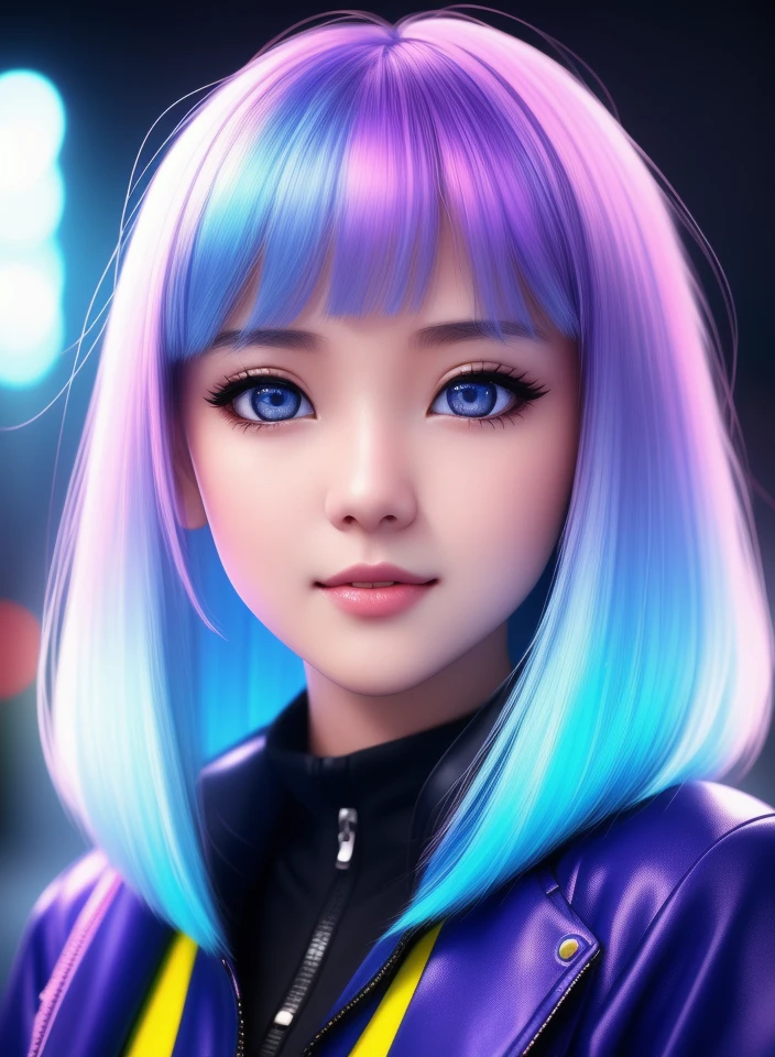 masterpiece, best quality, half body, portrait, night city, 1girl, anime, 3D, Japan, pixar, realistic, teen girl, smiling, cute face, harajuku fashion style, rain coat, beautiful, colourful, neon lights, cyberpunk, smooth skin, illustration, artstation, painting by stanley artgerm lau, sideways glance, foreshortening, extremely detailed 8K, smooth, high resolution, ultra quality, highly detail eyes, highly detail mouth, highly detailed face, perfect eyes, both eyes are the same, true light, glare, Iridescent, Global illumination, real hair movement, real light, real shadow, real face, hd, 2k, 4k, 8k, 16k, realistic light, realistic shadow, bright Eyes, fluorescent eyes, soft light, dream light