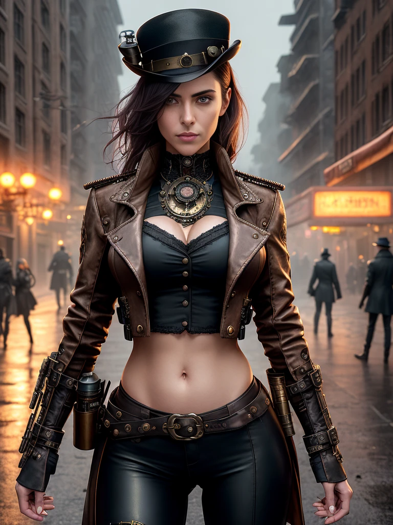 medium shot photo of steampunk detective woman wearing low rise pants crop top and jacket, thigh gap, intricate steampunk+ city, evening, dark, atmospheric, mist, best quality masterpiece, photorealistic, detailed, 8k, HDR, shallow depth of field, broad light, high contrast, backlighting, bloom, light sparkles, chromatic aberration, sharp focus, RAW color photo