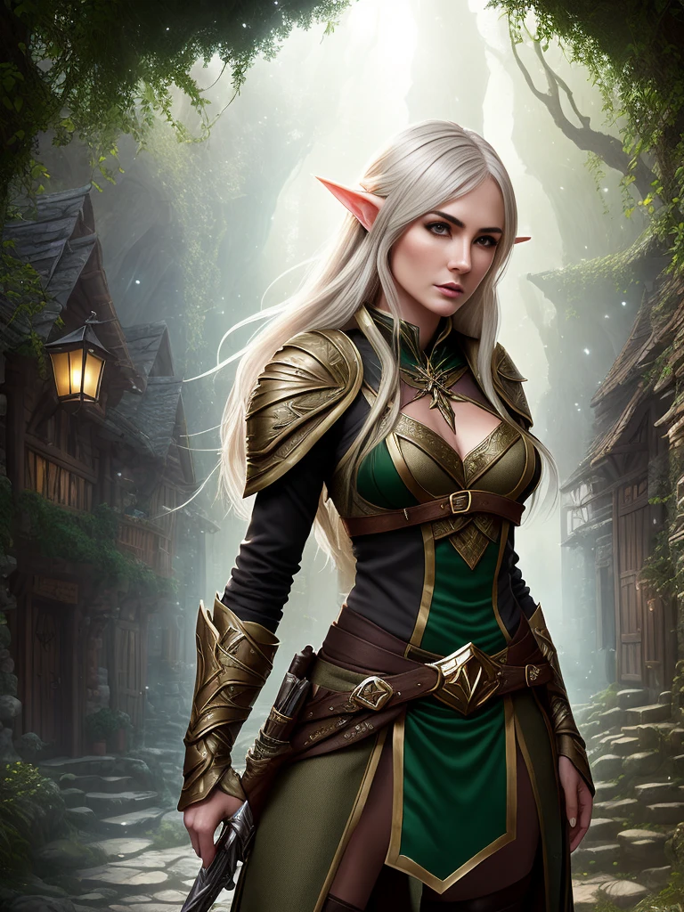 award winning digital art of an elven ranger woman, fully clothed, in a fantasy village, d&d, masterpiece, best quality, high contrast, soft lighting, backlighting, bloom, light sparkles, chromatic aberration, smooth, sharp focus