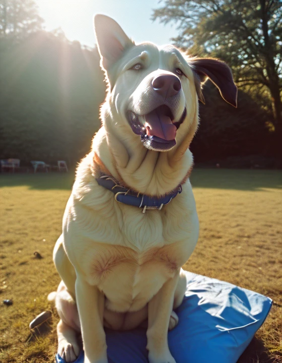 disposable camera photo of a big happy dog sitting in the sunshine