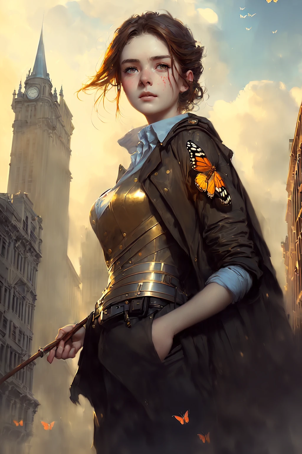 Style-Empire, 8k portrait of beautiful young woman with brown hair, intricate, elegant, highly detailed, majestic, digital photography, art by artgerm ruan jia and greg rutkowski surreal wet paint gold butterfly filigree, broken glass