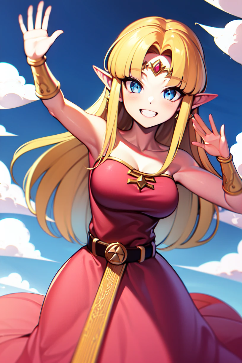 princess zelda, 1girl, absurdres, belt, blonde hair, blue eyes, breasts, dress, elf, full body, grin, highres, long hair, looking at viewer, pink dress, pointy ears,  smile, solo, super smash bros., the legend of zelda, the legend of zelda: a link between worlds, tiara, triforce, waving