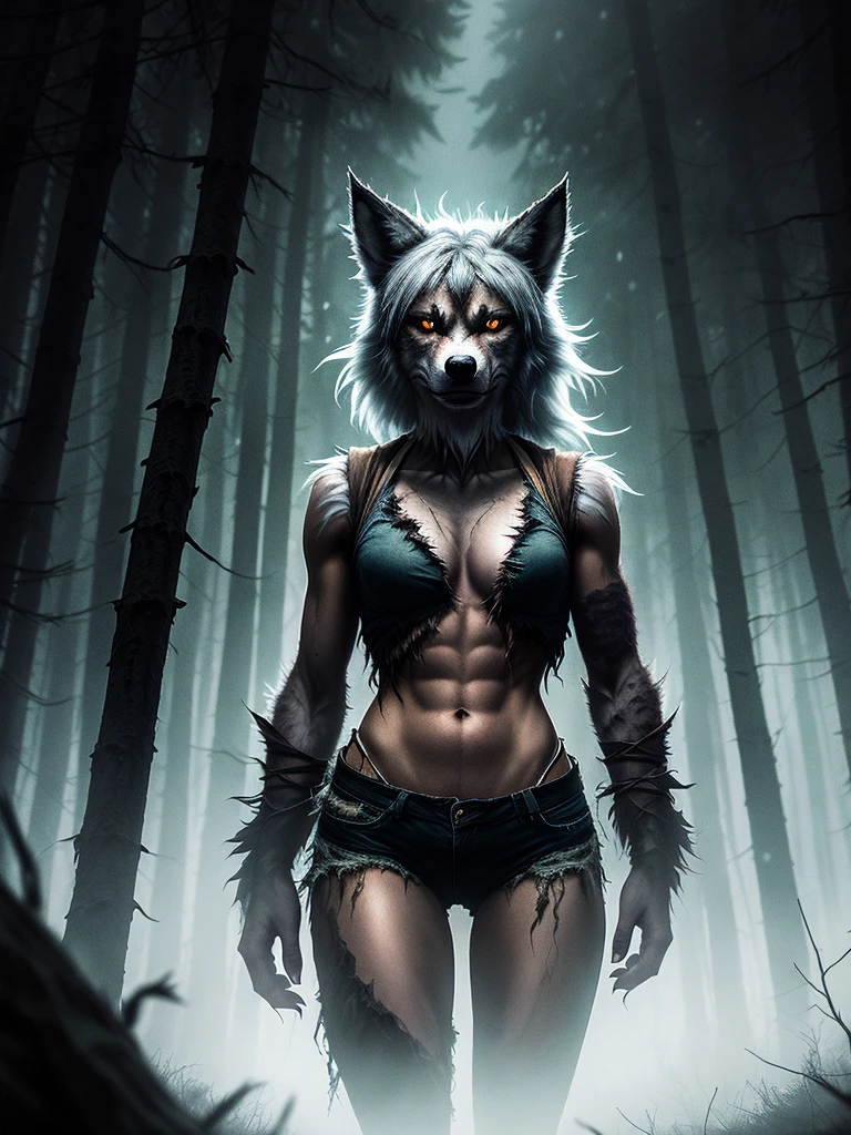 award winning digital art of a female werewolf, wearing (ripped torn clothing), furry skin, thigh gap, in a dark foggy forest, night, ominous, horror, fantasy, masterpiece, best quality, high contrast, soft lighting, backlighting, bloom, light sparkles, chromatic aberration, smooth, sharp focus