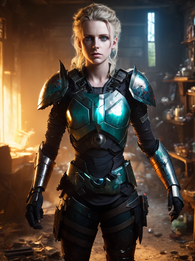 dark and gloomy full body 8k unity render, female  cyborg, Blue yonder hair, wearing broken battle armor, at cluttered and messy shack , action shot, tattered torn shirt, porcelain cracked skin, skin pores, detailed intricate iris, very dark lighting, heavy shadows, detailed, detailed face, (vibrant, photo realistic, realistic, dramatic, dark, sharp focus, 8k)