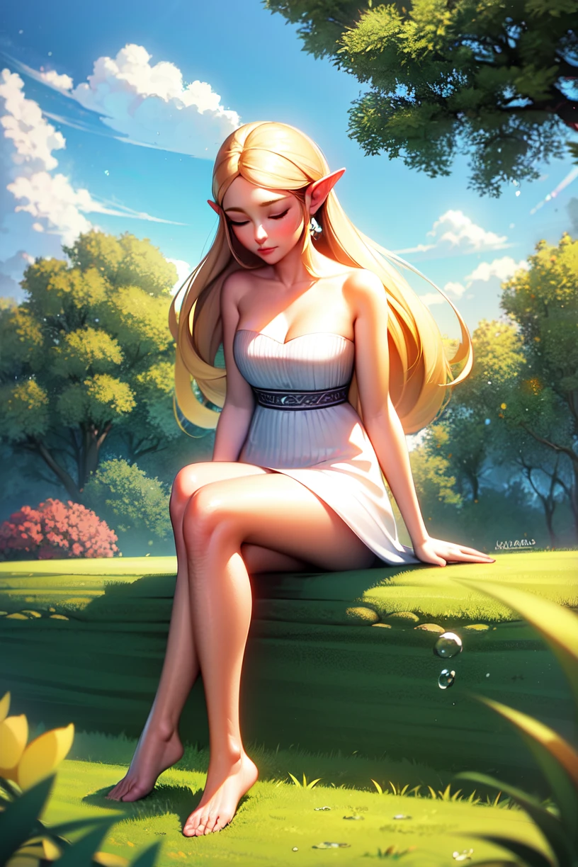 princess zelda, 1girl, bare legs, bare shoulders, blonde hair, breasts, closed eyes, closed mouth, commentary, dress, english commentary, full body, highres, long hair, lotus bubble, medium breasts, nintendo, pointy ears,  scenery, sitting, solo, the legend of zelda, the legend of zelda: breath of the wild, water, white dress