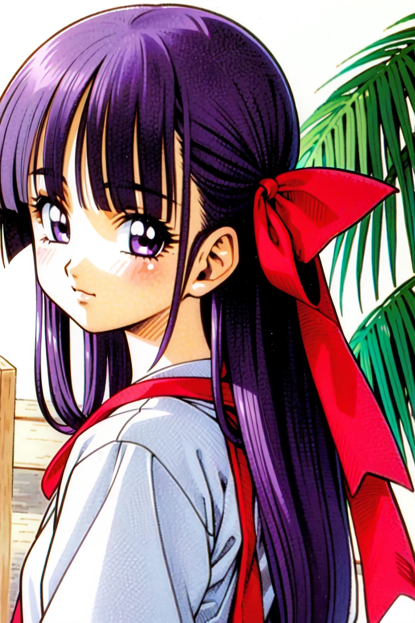 toriyama akira, 1girl, adult, 20 year old, bangs, depth of field, embedded, hair ribbon, long hair, looking at viewer, neck ribbon, non-web source, palm leaf, palm tree, purple eyes, purple hair, red ribbon, ribbon, self upload, solo