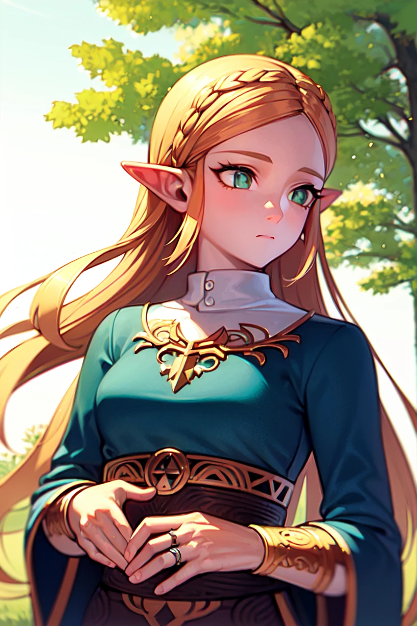 princess zelda,  1girl,  bangs, blonde hair, breasts, bridal gauntlets, closed mouth, expressionless, from side, green eyes, highres, jewelry, long hair, long sleeves, nintendo, outdoors, own hands together, pointy ears, ring, small breasts, solo, standing, the legend of zelda, tree, triforce print, upper body, blue shirt and black pants