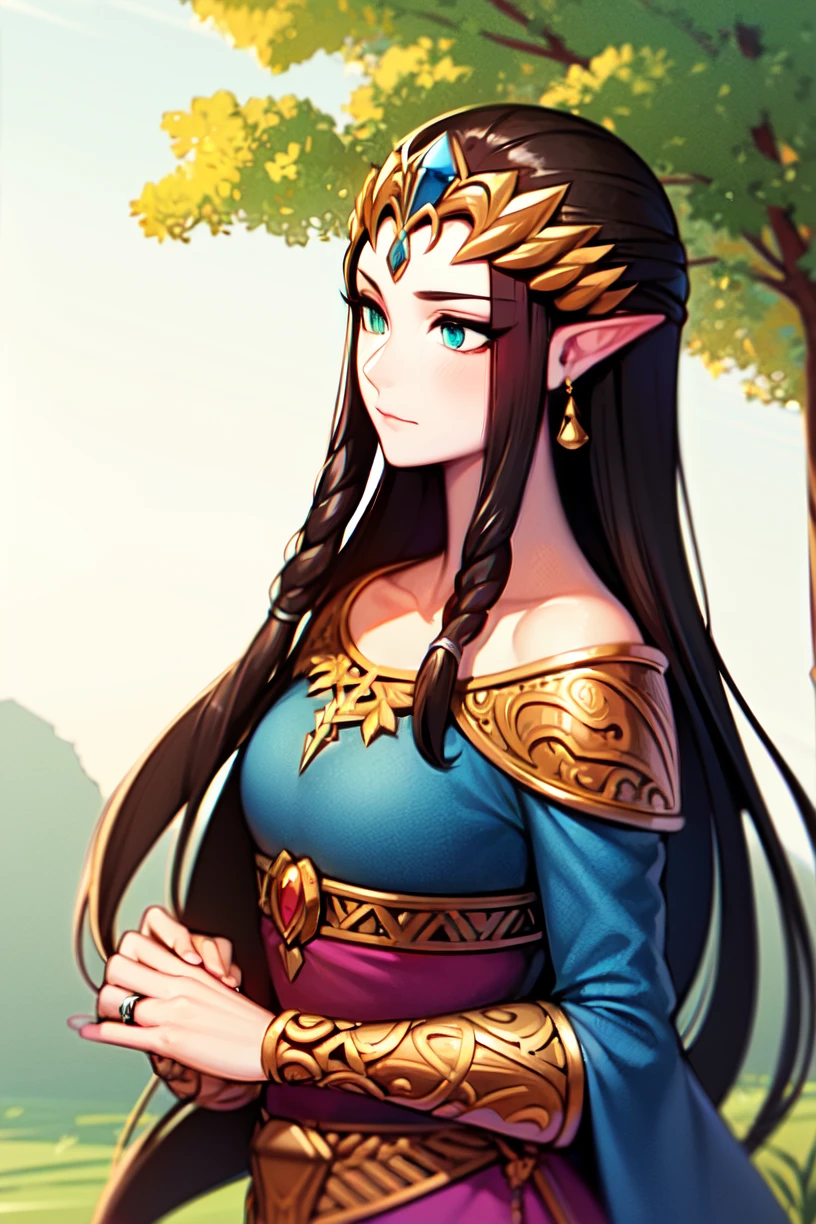 princess zelda,  1girl,  the legend of zelda: twilight princess, blonde hair, golden hair, bridal gauntlets, closed mouth, expressionless, from side, green eyes, highres, jewelry, long hair, long sleeves, nintendo, outdoors,  pointy ears, ring, small breasts, solo, standing, the legend of zelda, tree, triforce print, upper body, blue shirt and black pants