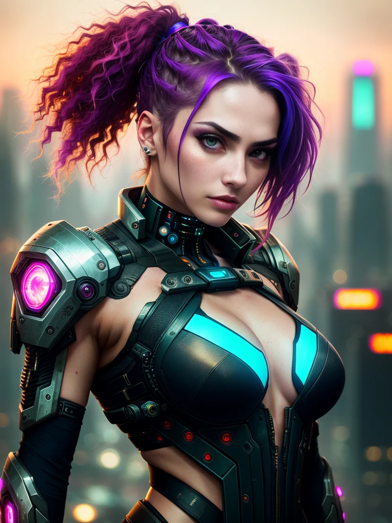 modelshoot style, 20yo cyberpunk woman in a futuristic cyberpunk city, intricate, scifi, futuristic, feminine face, detailed eyes, waist up, best quality masterpiece, photorealistic, detailed, 8k, HDR, shallow depth of field, broad light, high contrast, backlighting, bloom, light sparkles, chromatic aberration, sharp focus, RAW color photo