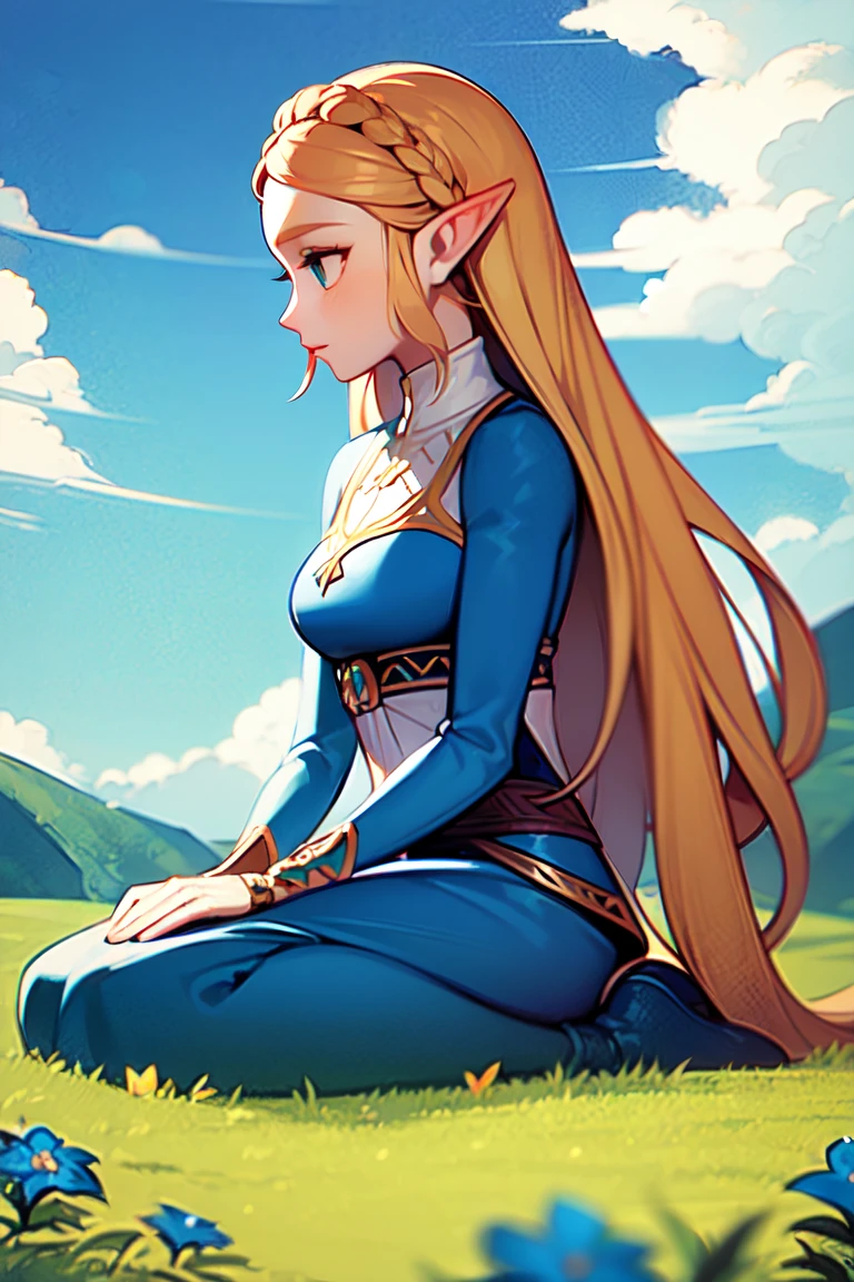 princess zelda, 1girl, bangs, blonde hair, blue dress, blue flower, braid, breasts, dress, falling petals, flower, full body, gingx02, green eyes, kneeling, long hair, long sleeves, looking to the side, medium breasts, nintendo, outdoors, parted bangs, petals, pointy ears, princess zelda, profile, sidelocks, silent princess, solo, the legend of zelda, the legend of zelda: breath of the wild