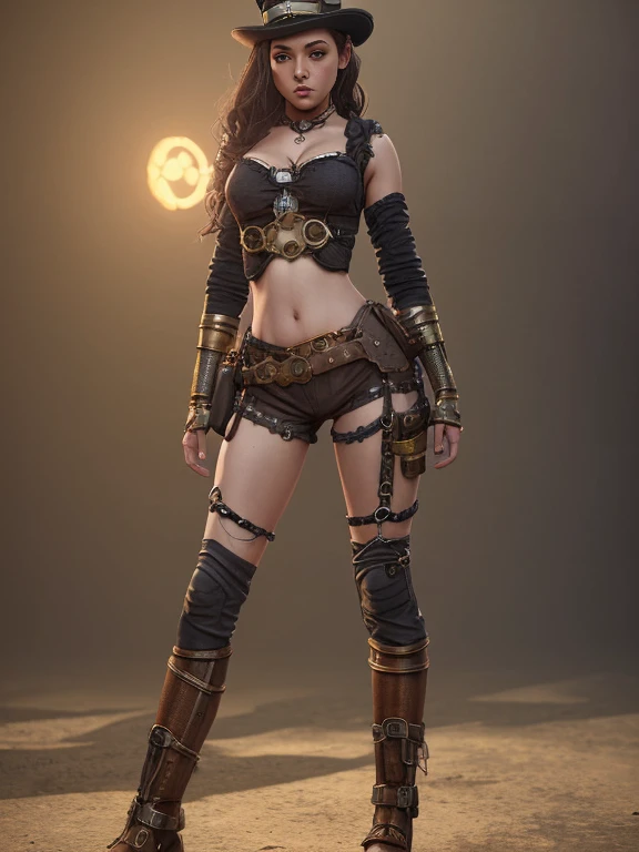 a young innocent cute steampunk female character wearing skimpy clothes, full body Unreal engine, Realistic, 4k, professional ominous concept art, an intricate, elegant, highly detailed digital painting, concept art, smooth, sharp focus, illustration