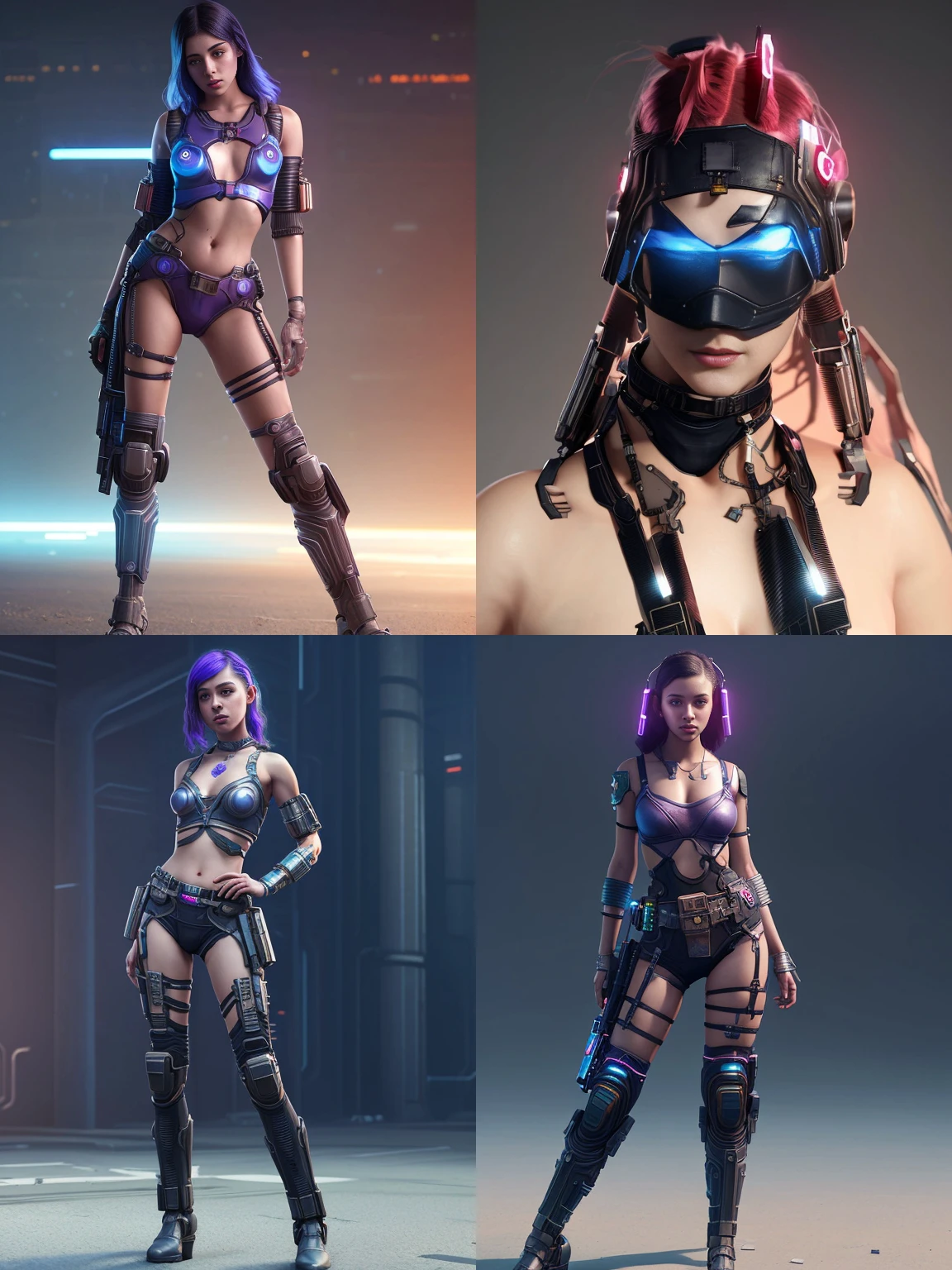 a young innocent cute cyberpunk female character wearing skimpy clothes, full body Unreal engine, Realistic, 8k, professional ominous concept art, an intricate, elegant, highly detailed digital painting, concept art, smooth, sharp focus, illustration, plain gradient background