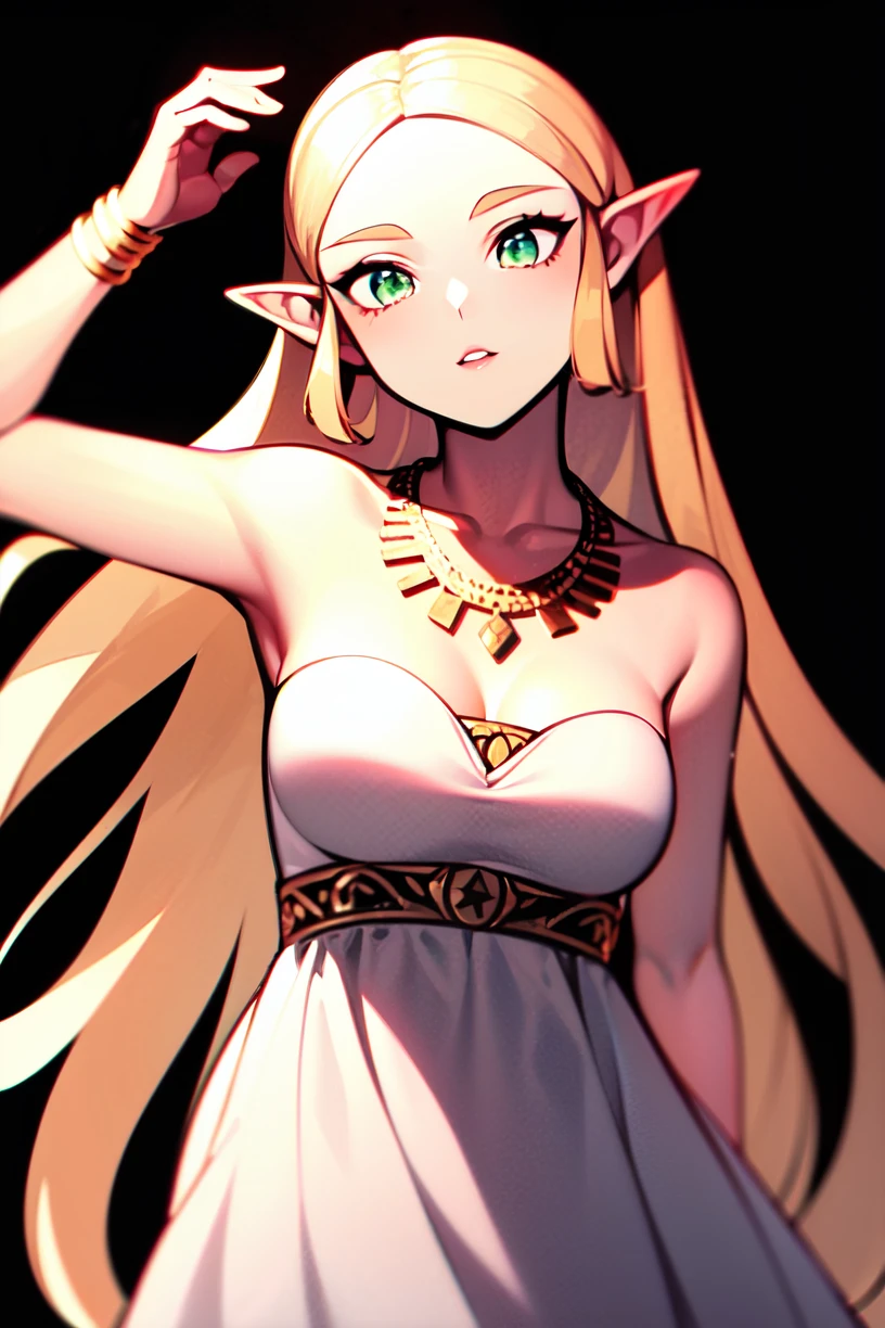 princess zelda, the legend of zelda, the legend of zelda: breath of the wild, highres, 1girl, bangs, bare shoulders, black background, bracer, breasts, cowboy shot, dress, gold necklace, green eyes, jewelry, long dress, long hair, looking up, medium breasts, necklace, parted bangs, parted lips, pointy ears, sidelocks , solo, strapless, strapless dress, thick eyebrows, triforce, white dress