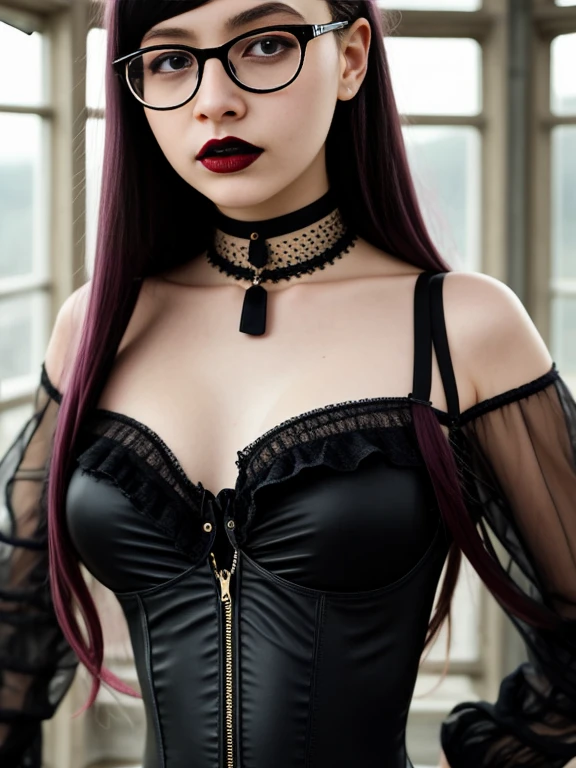 ((realistic)), photo referenced, highest quality, high quality, (detailed face and eyes:1.1), very beautiful innocent cute young goth girl, glasses, choker, dusk lighting, freckles, vintage clothes, (full body:1.2), ((futuristic)), hand behind back, (black hair), Victorian clothes, strong makeup, dark lipstick, ponytail, one-piece swimsuit, navel cut