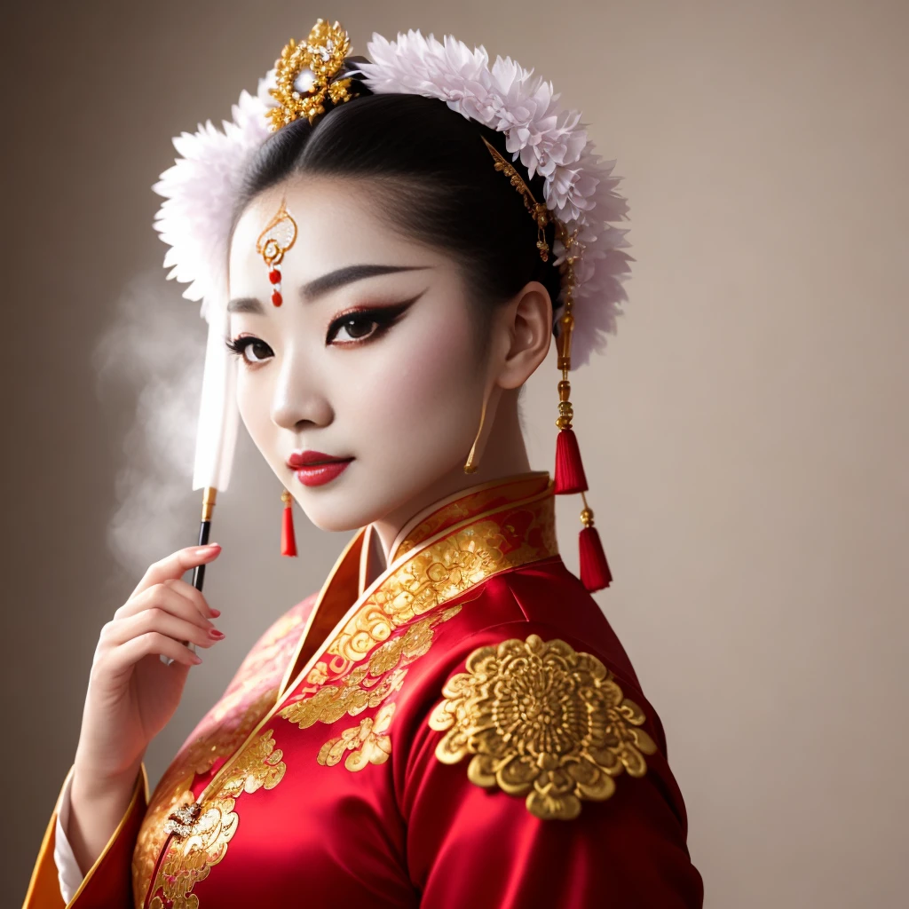 A cinematic film still, of (beautiful elegant traditional Chinese dancer), clothed, (wearing traditional Chinese dress), (white face paint), (black eyeliner), (small breast), on dim lit stage, volumetric fog, ((detailed skin textures)), shallow depth of field, cinematic lighting, subsurface scattering, photographed on Sony a9 II, 35mm lens, (highly detailed:1.2), (sharp focus), (dull background colors, vivid foreground colors), Award-winning photograph
