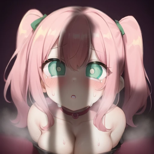 1boy, 1girl, green hair, breasts, bright pupils, cleavage, mint eyes, hetero, two side up , parted lips, penis awe, (penis shadow:1.3), pink background, steaming body, sweat, upper body, wide-eyed