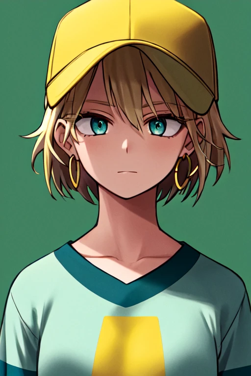 horikoshi kouhei, masterpiece, best quality, 1girl, aqua eyes, baseball cap, blonde hair, closed mouth, earrings, green background, hat, hoop earrings, jewelry, looking at viewer, shirt, short hair, simple background, solo, upper body, yellow shirt <lora:horikoshi_kouhei-000030:0.5>