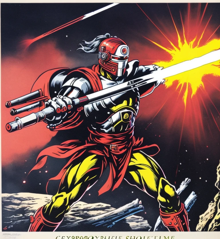 cyborg samurai shooting from large laser cannon illustration, mysterious, rectangular border, in war poster style, by Jan Matejko