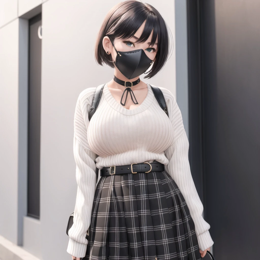 1girl, bag, between breasts, black choker, black skirt, blush, breasts, choker, cowboy shot, day, green eyes, hair between eyes, handbag, large breasts, looking at viewer, mask, mouth mask, official alternate costume, outdoors, plaid, plaid skirt, ribbed sweater, short hair, skirt, snowflake choker, solo, speech bubble, strap between breasts, sweater, virtual youtuber, waving, white sweater