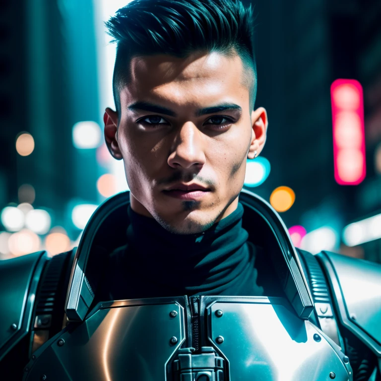 RAW photo, 1man, cyberpunk style, a portrait of young fierce man in shiny armor, city street, slim body, beautiful cyberpunk city, (high detailed skin:1.2), 8k uhd, dslr, soft lighting, high quality, film grain, Fujifilm XT3