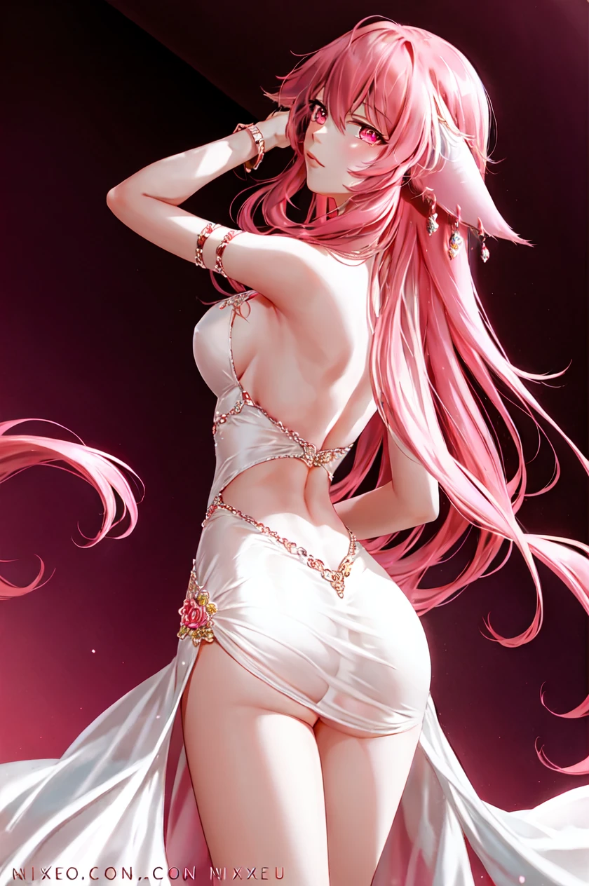 nixeu, 1girl, animal ears, armlet, bare shoulders, breasts, cowboy shot, dress, fingernails, fox ears, genshin impact, hair between eyes, highres, long hair, looking at viewer, looking back, medium breasts, nixeu, patreon username, pink eyes, pink hair, sideboob, solo, white dress, yae miko, <lora:nixeu_offset:1>