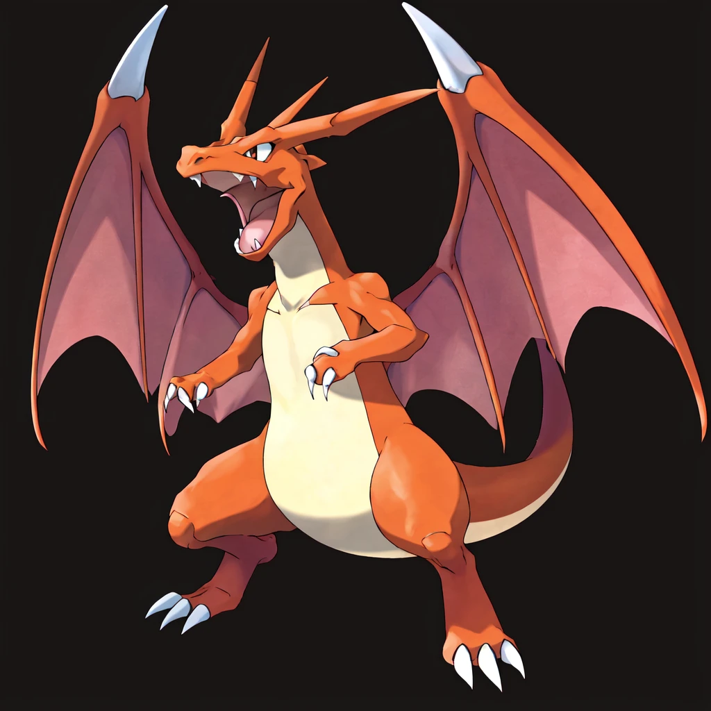 sugimori ken \(style\), pokemon \(creature\), , salamence, charizard mega X, solo, open mouth, simple background, full body, wings, teeth, tongue, no humans, fangs, claws
<lora:sugimori_ken_style-000060:0.5>