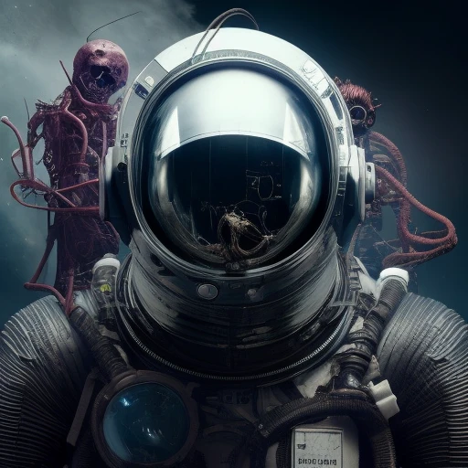 humanoid creature in a space suit standing on alie planet, cosmonaut helmet, tentacles, wires, electrical wires, sharp teeth, nails, skull, skeleton, gas mask, deer horns, hood, horns, 4k, highest quality,grunge aesthetics, grunge textures, washed out colors, art by RFKTR_bontrex