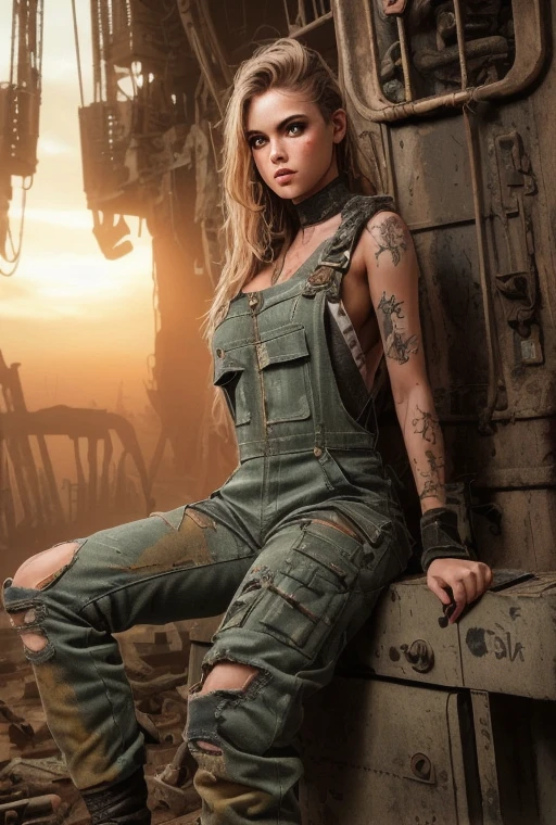 (from_below:1.2), (modelshoot style), (detailed realistic face), ((woman mechanic wearing tattered worn-out stained military overalls)), nipples covered by overalls, (sitting in tight cramped greasy cockpit of a post-apocalyptic hydraulic exoskeleton), sunset, grunge, oily, sweaty, dirty, ripped