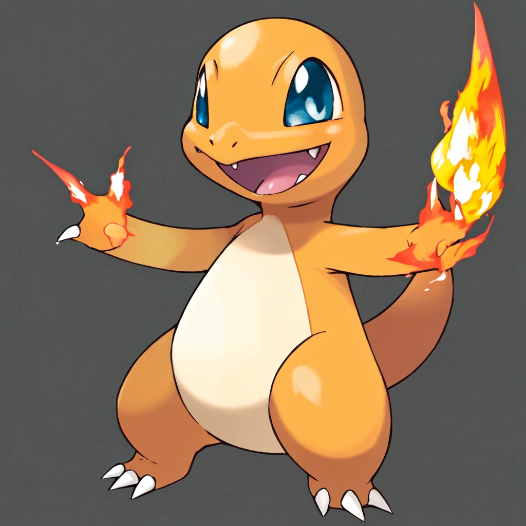 sugimori ken \(style\), charmander, solo, looking at viewer, smile, open mouth, blue eyes, simple background, standing, full body, no humans, pokemon \(creature\), fangs, happy, outstretched arms, fire, black background, claws, legs apart, flame-tipped tail
<lora:sugimori_ken_style-000040:0.5>
