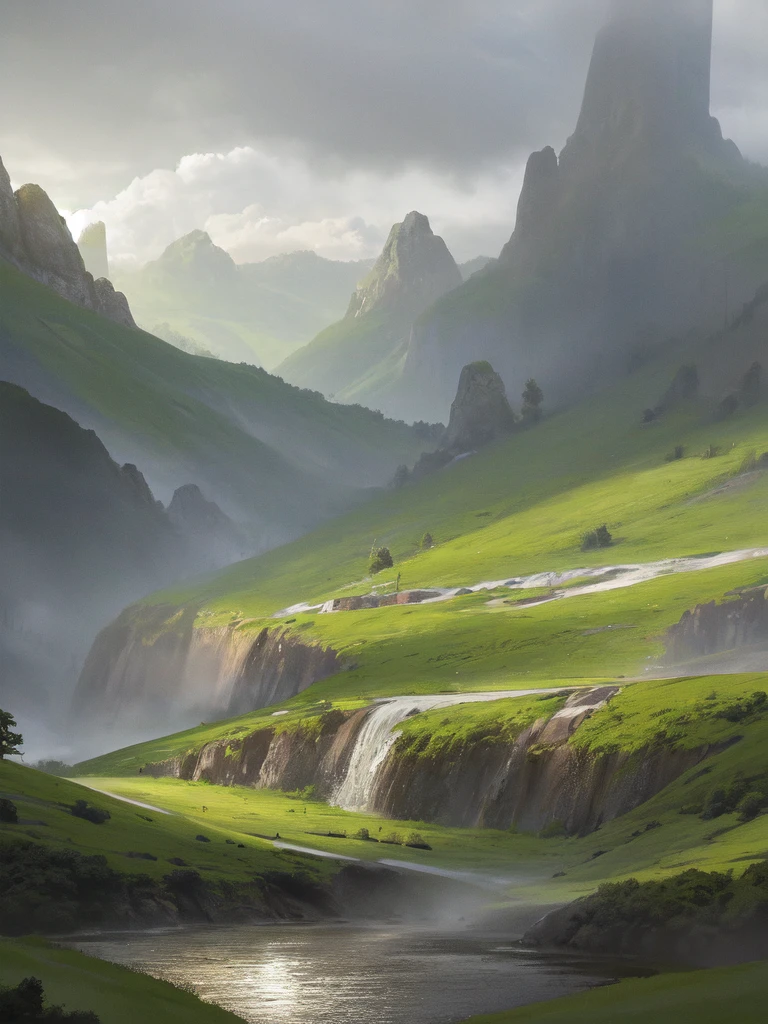 ConceptArt, scenery, no humans, cloud, mountain, sky, nature, waterfall, outdoors, water, tree, landscape, forest, river, fog, grass, cloudy ,sky, fantasy
