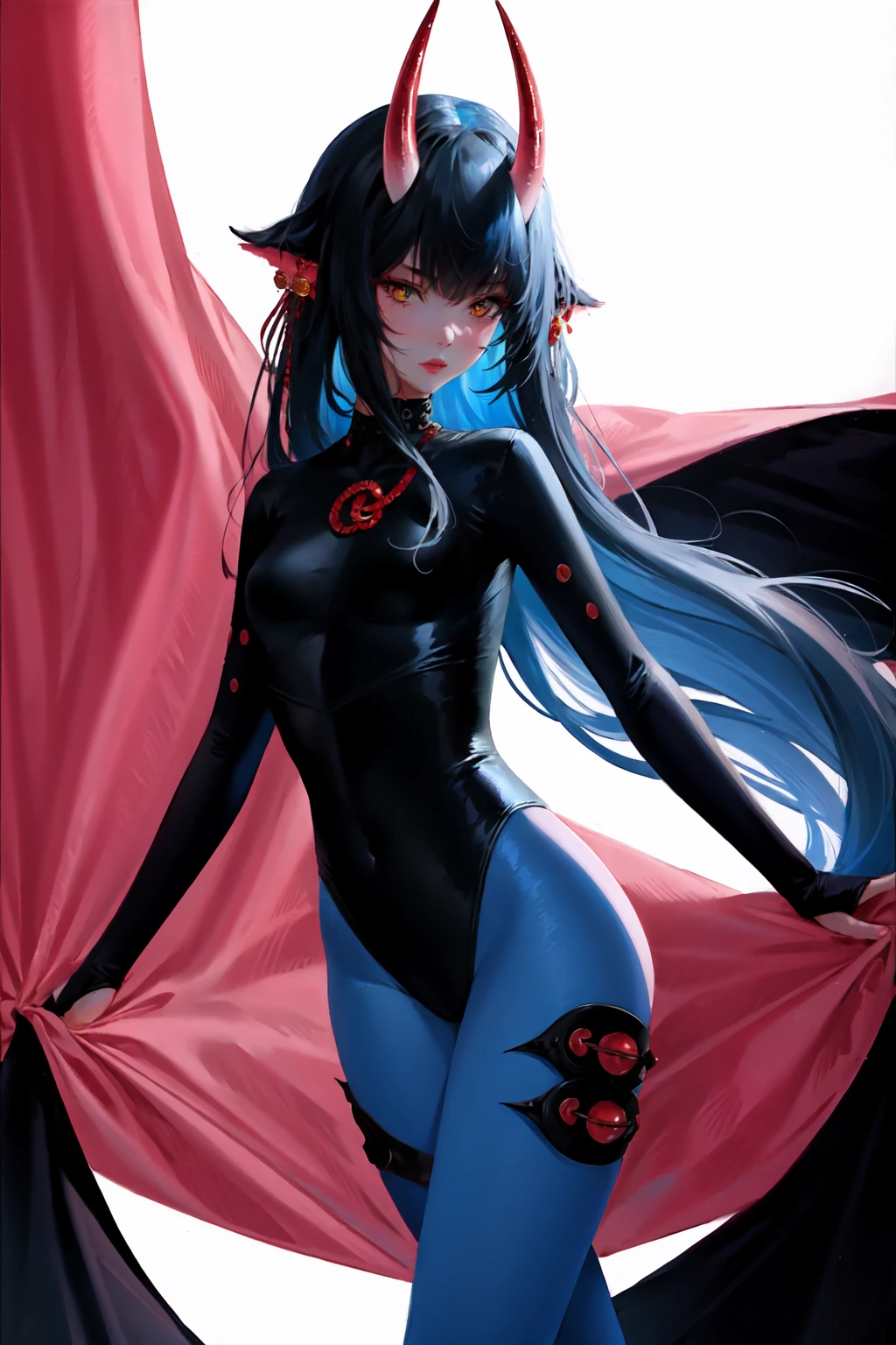 1girl, bodysuit, oni, oni horns, monster girl, single horn
