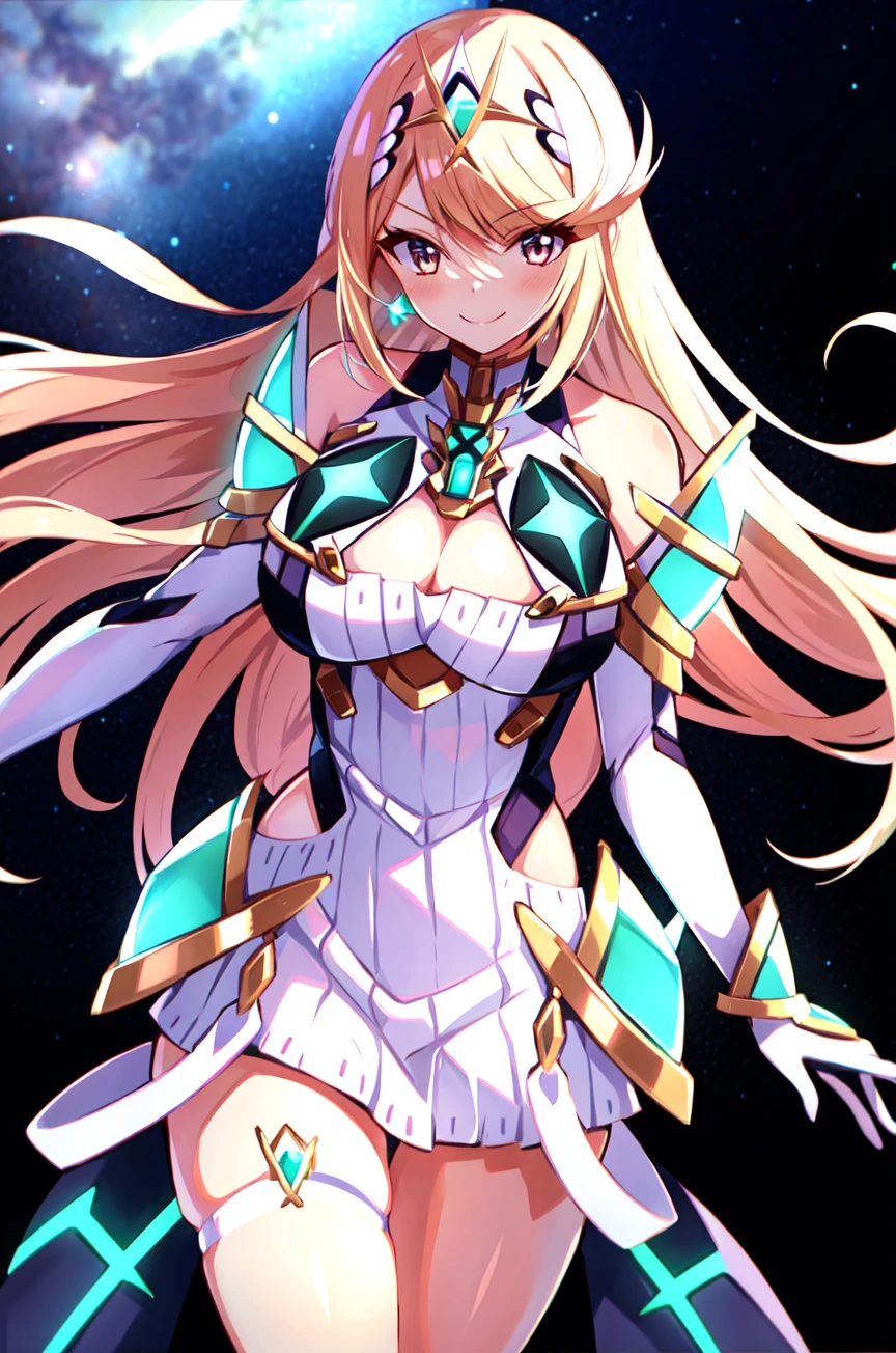 mythra \(xenoblade\), 1girl, armor, bangs, bare shoulders, blonde hair, breasts, cleavage, closed mouth, dress, earrings, elbow gloves, eyelashes, floating hair, gem, gloves, hair ornament, hairband, headpiece, jewelry, large breasts, leaning back, long hair, neon trim, official art, pose, saitou masatsugu, sidelocks, skin tight, smile, solo, standing, swept bangs, tiara, space background, very long hair, white dress, xenoblade chronicles \(series\), (xenoblade chronicles 2),

<lora:mythra_pyra_pneuma:0.6>