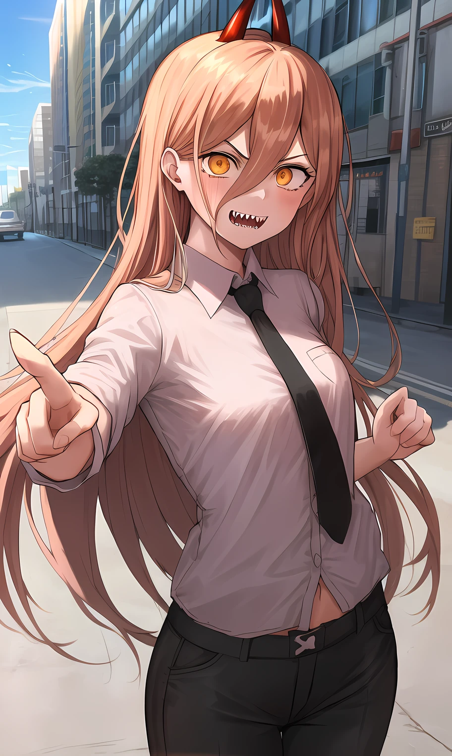 best quality, 1girl, (+_+), orange eyes, small breasts, (evil grin:0.8), (sharp teeth:0.9), white collared shirt, pointing, black necktie, black pants, cowboy shot, city street, blue sky, corneo_power