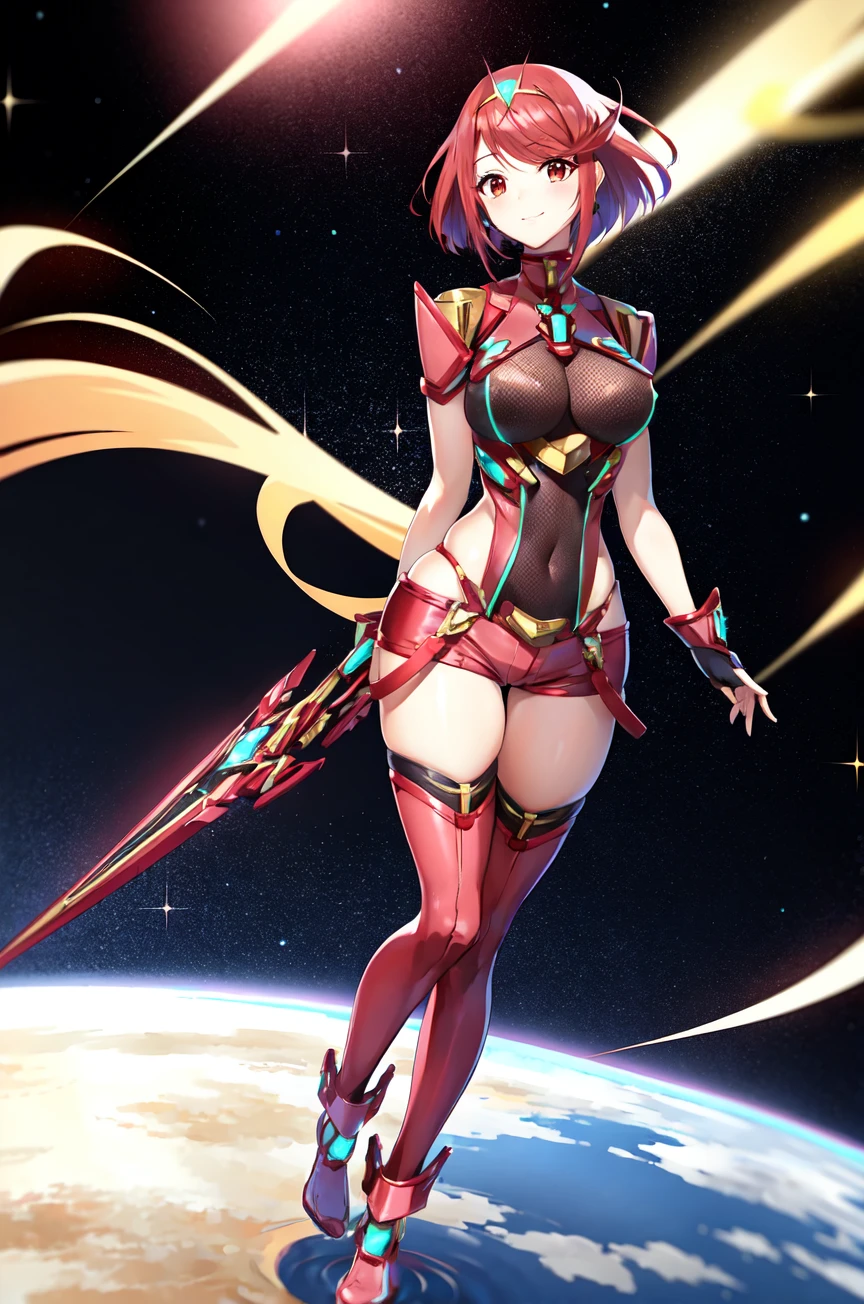 pyra \(xenoblade\), 1girl, full body, legs visible, armor, bangs, black gloves, breasts, red eyes, closed mouth, earrings, eyelashes, fingerless gloves, floating hair, framed breasts, gem, gloves, hair ornament, headpiece, jewelry, large breasts, leaning back, leotard, neon trim, official art, pose, red hair, red shorts, saitou masatsugu, short hair, short shorts, short sleeves, shorts, sidelocks, skin tight, solo, standing, swept bangs, thighhighs, tiara, space background, turtleneck, underbust, vambraces, xenoblade chronicles \(series\), (xenoblade chronicles 2),

<lora:mythra_pyra_pneuma-000042:0.5>