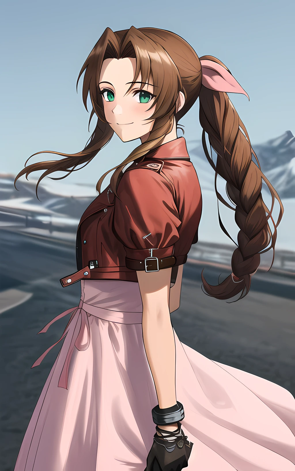 best quality, 1girl, standing, smile, looking to side, sky background, corneo_aerith