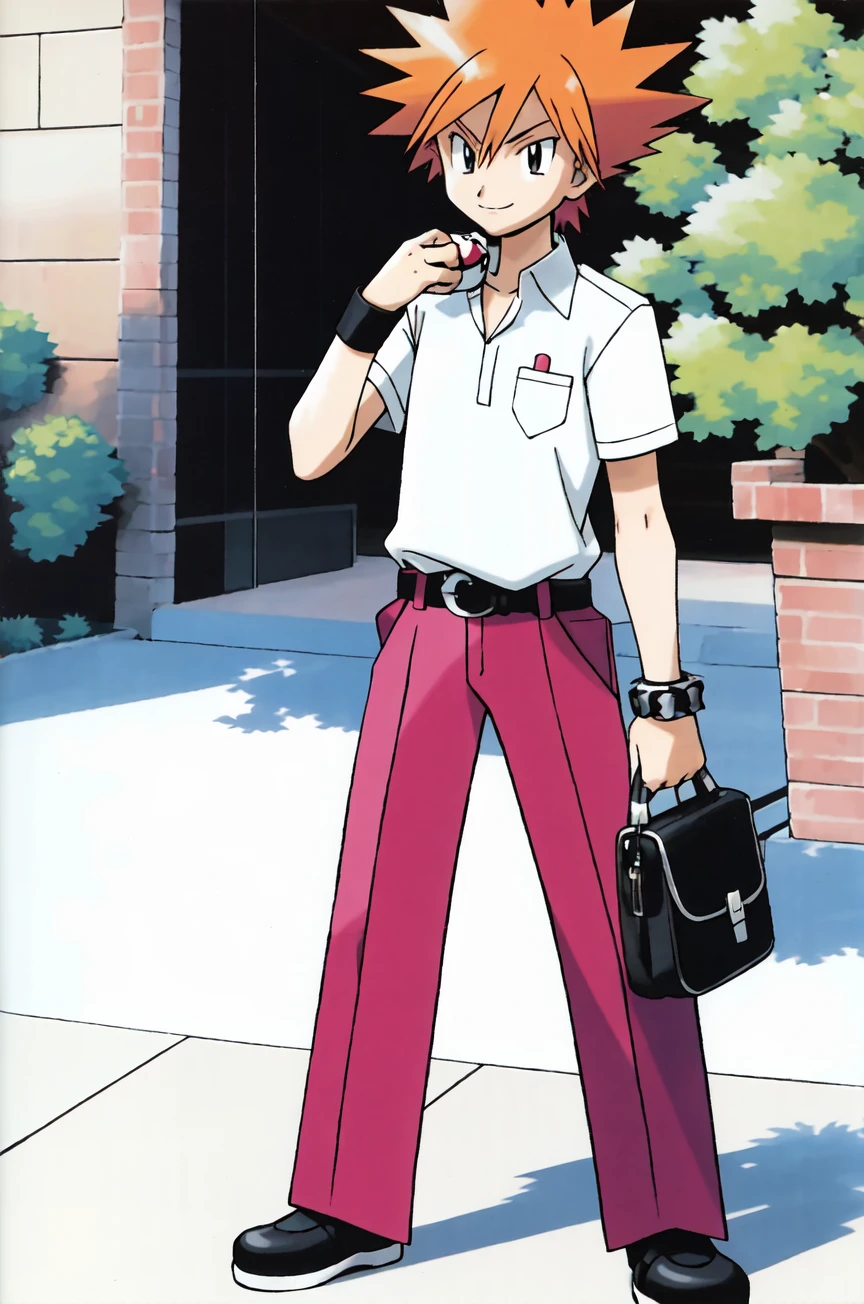 sugimori ken \(style\), 1boy, bangs, black footwear, black shirt, blue oak, closed mouth, collared shirt, creatures \(company\), fanny pack, full body, game freak, grey bag, hands up, highres, holding, holding poke ball,  male focus, nintendo, official art, orange hair, pants, poke ball, pokemon, pokemon \(game\), pokemon frlg, purple pants, shirt, shoes, short hair, short sleeves, smile, solo, spiked hair, standing, sugimori ken, white background, ultra ball, wristband,

<lora:sugimori_ken_style_2:0.6>