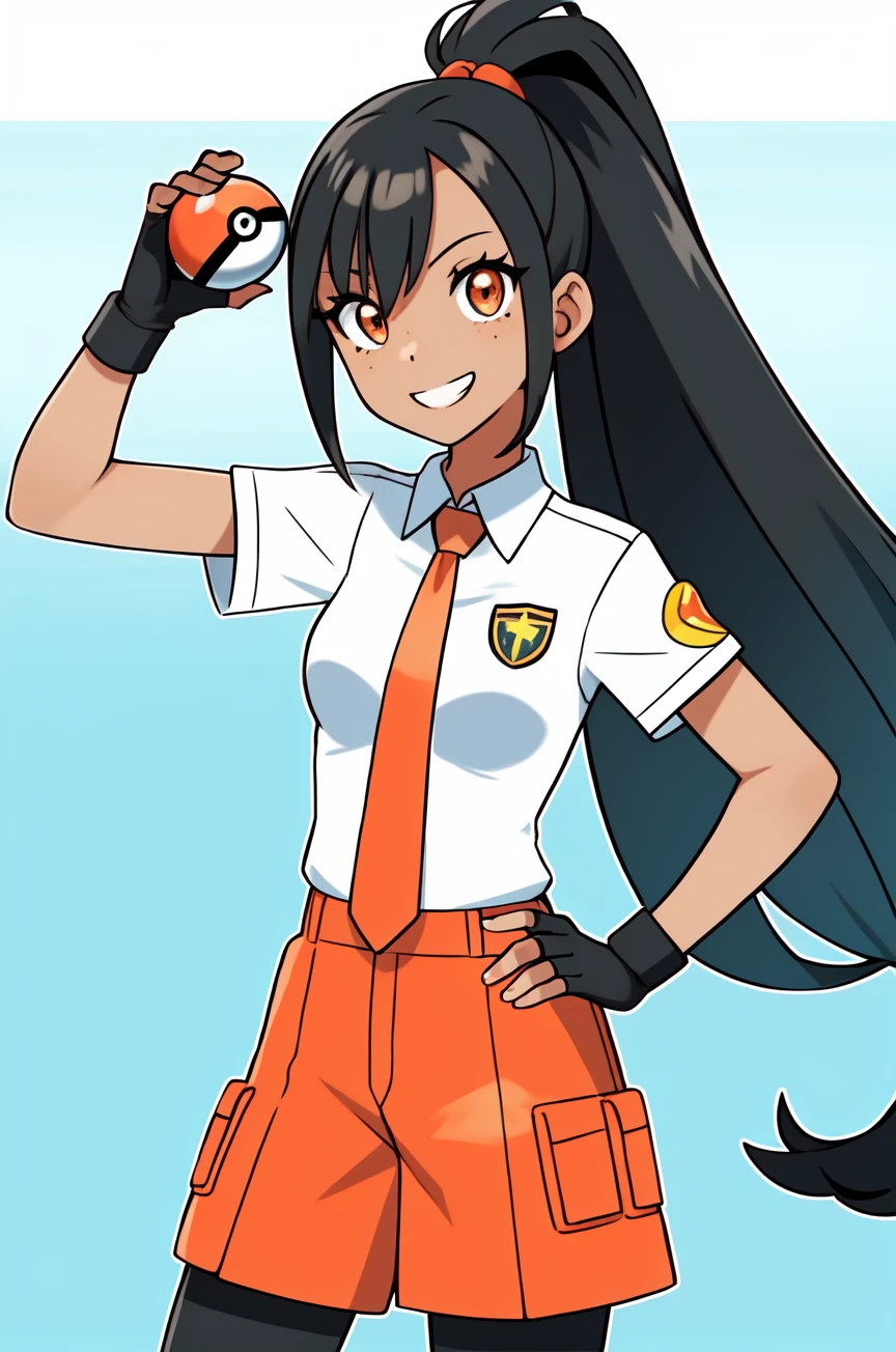 sugimori ken \(style\), 1girl, bag, black hair, breasts, creatures (company), dark-skinned female, dark skin, fingerless gloves, freckles, game freak, gloves, green background, green hair, grin, hand on hip, holding, holding poke ball, long hair, multicolored hair, naranja academy school uniform, necktie, nemona (pokemon), nintendo, orange eyes, orange necktie, orange shorts, pantyhose, poke ball, poke ball (basic), pokemon, pokemon (game), pokemon sv, ponytail, school uniform, shirt, shorts, simple background, single glove, small breasts, smile, solo, streaked hair, sugimori ken, white shirt,
<lora:sugimori_ken_style_2:0.6>